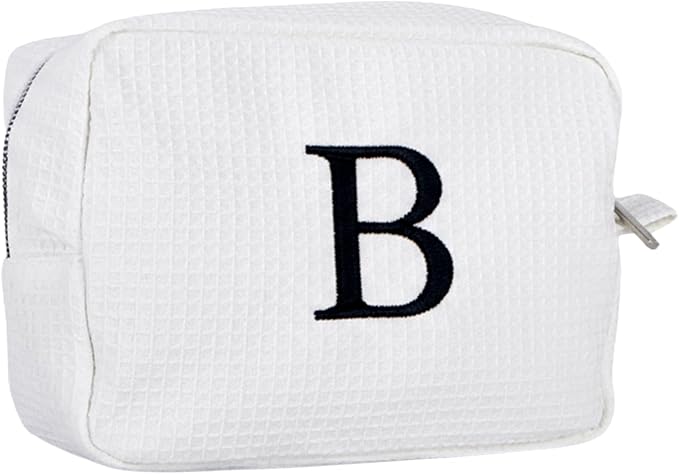 Personalized White Waffle Makeup Bag,Custom Embroidered Initial Cosmetic Pouch for Women,Monogrammed Cosmetic Case,Bridesmaid Gifts (B)