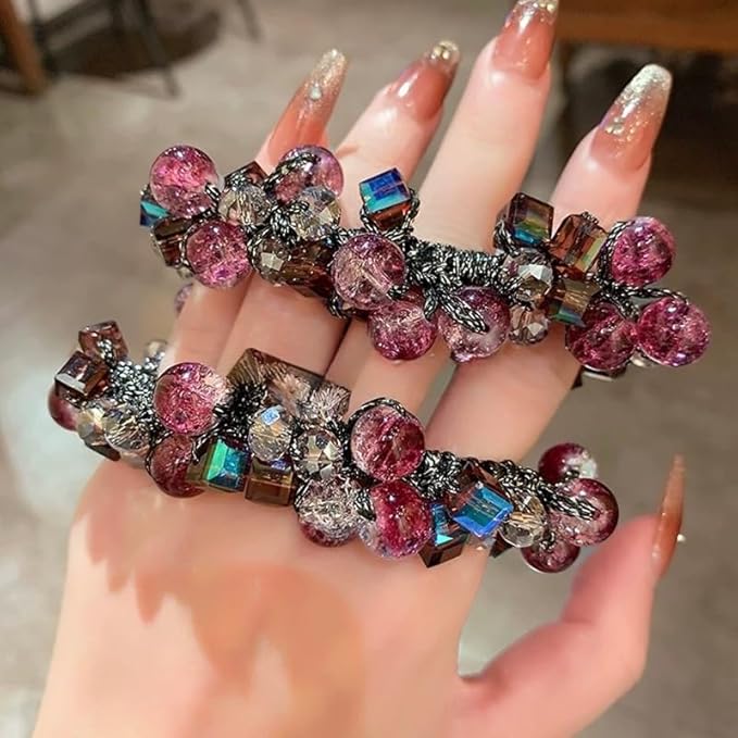 Crystal Beaded Hair ties Scrunchies, Pink and Blue Glass Beads, Black Elastic Band, 2 Pack hair accessories for women。