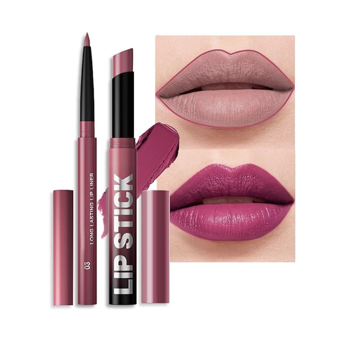 2Pcs 2 in 1 Matte Purple Lip Liner and Lipstick Combo Set for Women,Lipstick Stain Lip Liner for Daily & Party Long Lasting Waterproof Smudge Proof 24 Hour Full Coverage Vegan Lip Makeup Kit