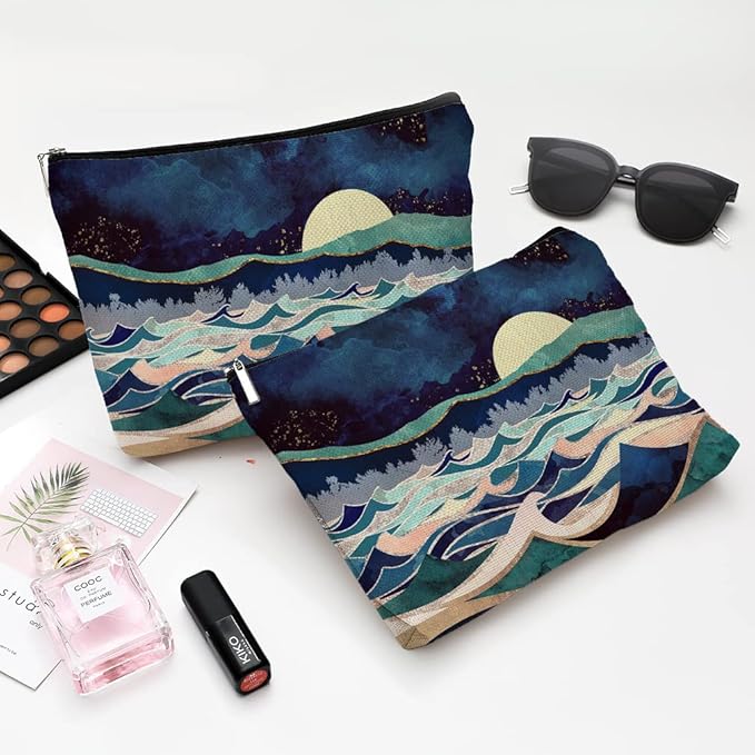 Cute Makeup Bag for Purse Canvas Waterproof Funny Cosmetic Bags for Women Zipper Travel Toiletry Pouch-Mountain Makeup Bags-Blue