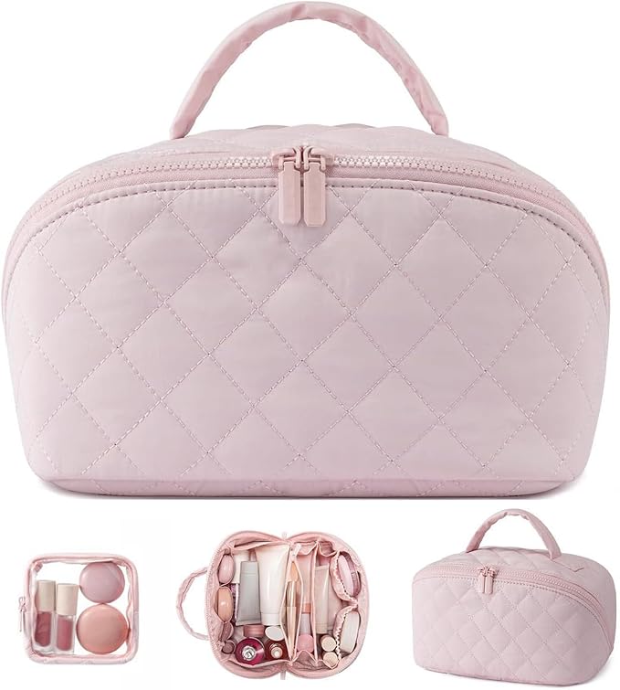 Makeup Bag for Woman, Festivalment Travel Makeup Bag, Wide Open Lay-Flat Water-Resistant Large Cosmetic Case, Puffy Padded Organizer for Toiletries & Brushes Large Capacity with Compartments (Pink)
