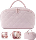 Makeup Bag for Woman, Festivalment Travel Makeup Bag, Wide Open Lay-Flat Water-Resistant Large Cosmetic Case, Puffy Padded Organizer for Toiletries & Brushes Large Capacity with Compartments (Pink)