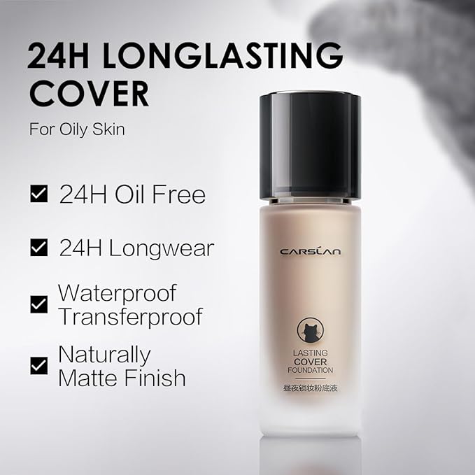 CARSLAN Lasting Cover Foundation, 24H Longlasting Full Coverage Matte Finish Face Makeup, Poreless, Lightweight, Waterproof, Oil Free Liquid Foundation, M02