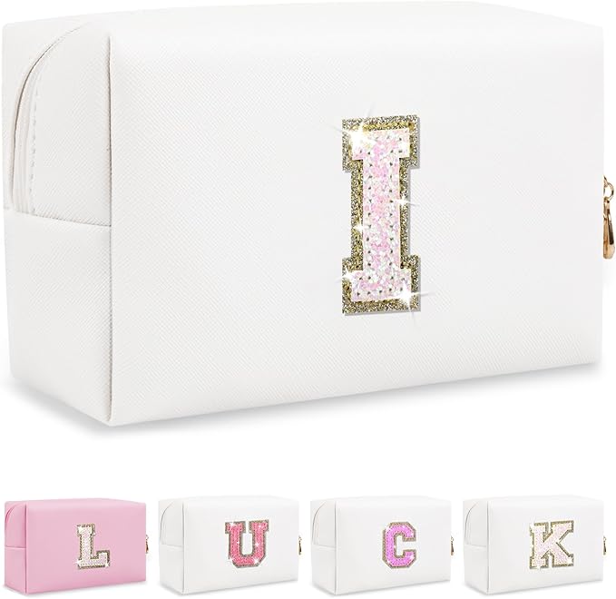 Initial Letter Patch Makeup Bag, Small Preppy A-Z Glitter Letter Cosmetic Bag, PU Leather Waterproof Travel Toiletry Bag, Cute Make Up Pouch Personalized Monogrammed Gift for Women Teen Girls