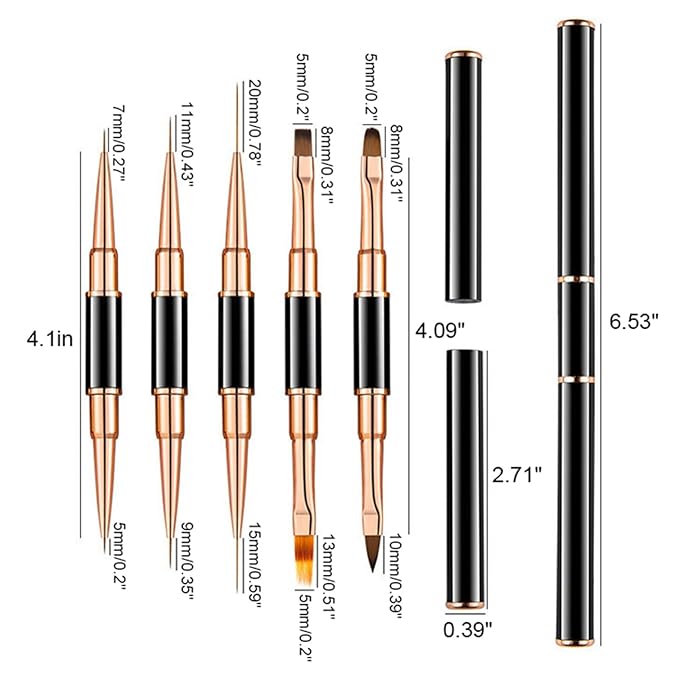 5Pcs Nail Art Bushes Set Double-Ended Professional Gel Polish Nail Art Design Painting Tools Nail Art Liner Brush (5/7/9/11/15/20mm) for Nails Detail, Long Lines, Ombre, Drawing(Black)