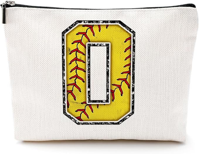 Softball Gifts Initial Makeup Bag Monogrammed Cosmetic Bag Letter O Zipper Pouch Softball Accessories for Girls Women Player Coach Friend Stuff Graduation Birthday Gifts ﻿