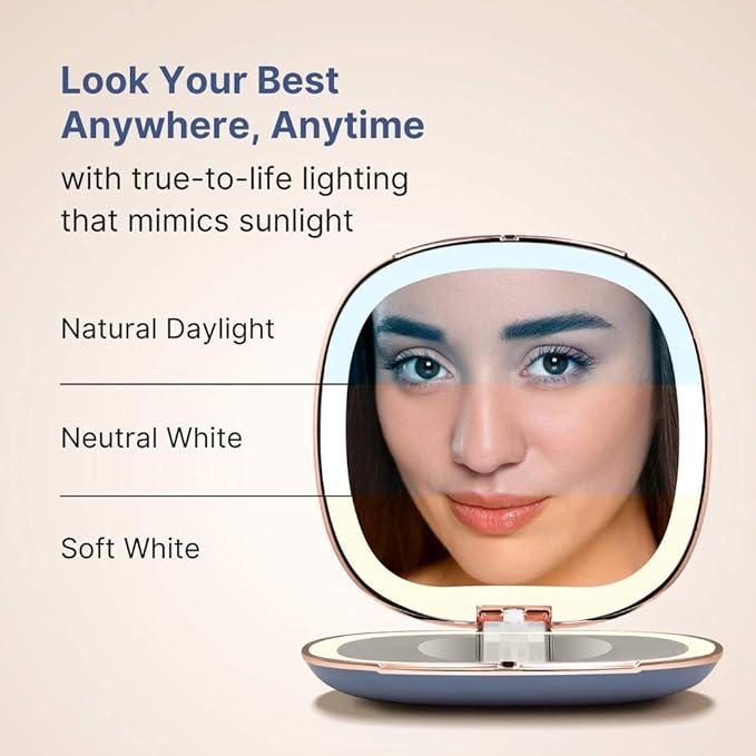 Fancii Mila 2 LED Lighted Compact Makeup Mirror, Rechargeable, 10x /1x Magnifying, Tru-Glow Light System, Vegan Leather, Small Travel Mirror for Purses (Harbor Blue)