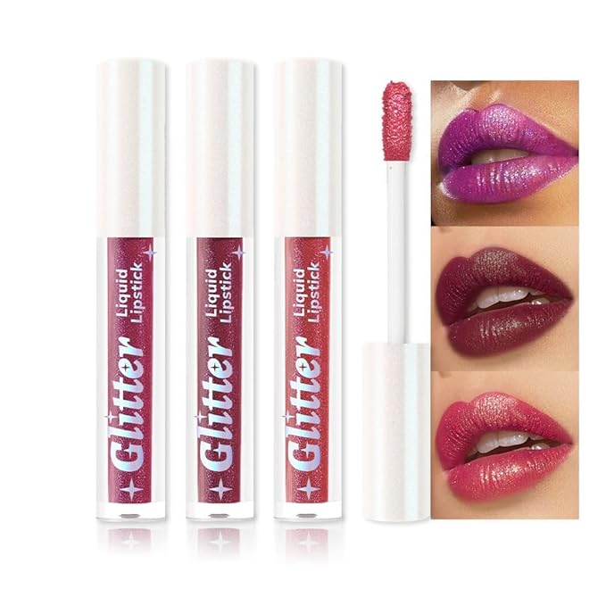AMY'S DIARY 3Pcs Glitter Liquid Lipstick Set – Electric Purple, Plum Wine, Rose Pink – Shimmer Metallic Lip Gloss, Long-Lasting Waterproof Lip Color, High Shine Sparkle Makeup for Women(Set D)