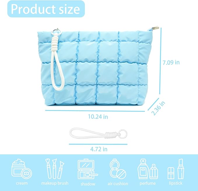Puffer Quilted Makeup Bag Travel Cosmetic Bag Portable Puffy Checkered Toiletry Pouch Skincare Organizer Purse Pencil Case (Light Blue)