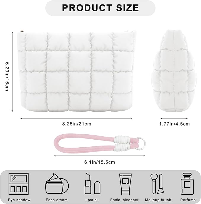 DOB SECHS Puffer Quilted Makeup Bag with Handle Detachable Cute Puffy Cotton Cosmetic Bag for Women, Small Toiletry Zipper Make Up Pouch, Checkered Quilt Clutch Bag Travel Storage Pouches Case, White