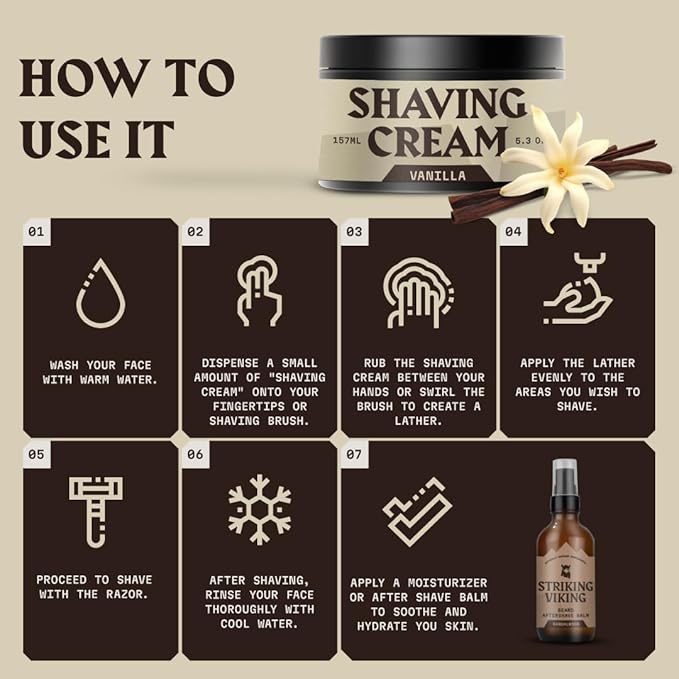 Striking Viking Shaving Cream - 5.3 fl oz, Pack of 1, Vanilla - Barbershop Comfort Vanilla Shaving Cream - Soothes Irritation & Protects Sensitive Skin Lather - Travel Ready Formula