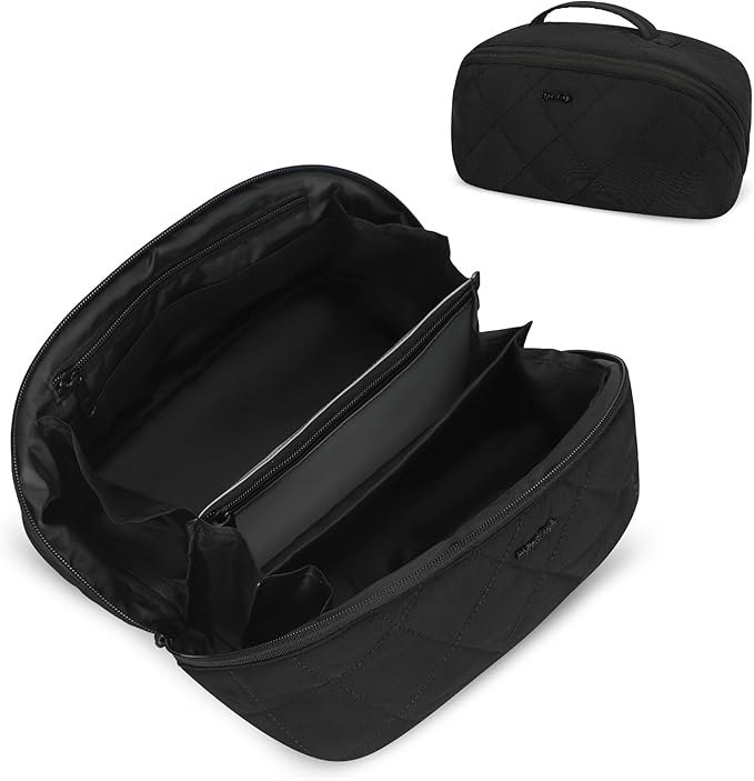 Hynes Eagle Travel Makeup Bag for Women Puffy Cosmetic Organizer Pouch Open Flat Toiletry Bag for Toiletries, Brushes Black