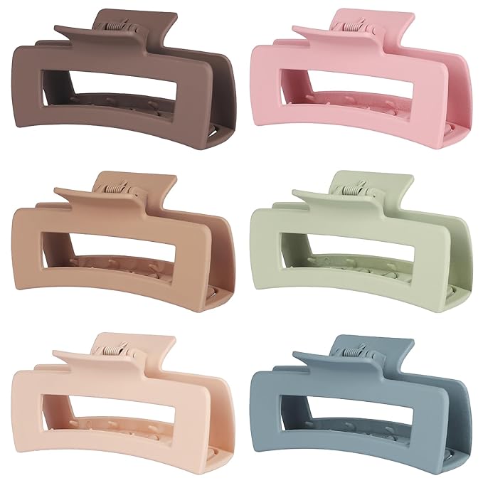 4 Inch Big Hair Claw Clips 6 Pcs Large Claw for Thick Hair Square Hair Clips for Women Rectangle Hair Clips Nonslip Acrylic Banana Jaw Clips Hair Accessories for Girls (Brown Colorful)