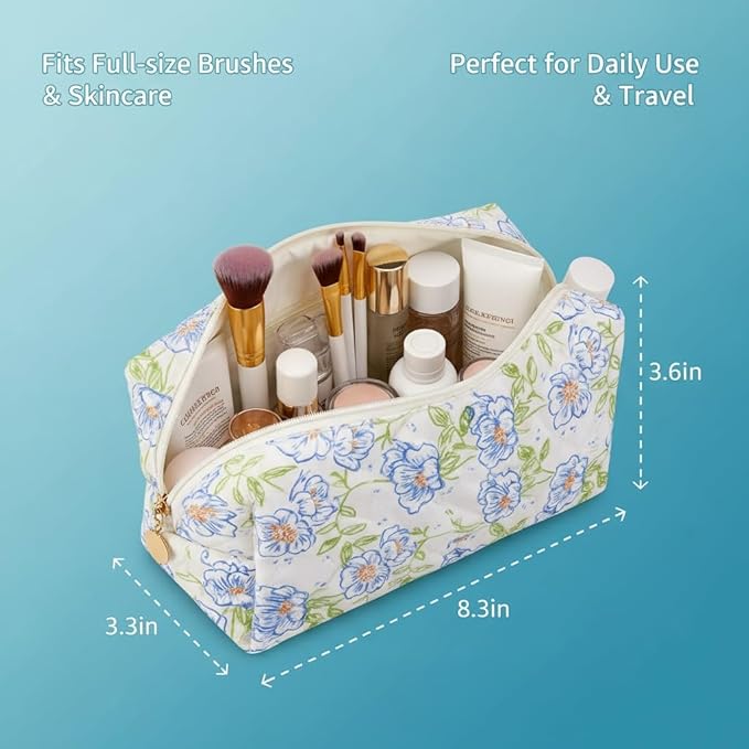 Floral Cotton Makeup Brush Cosmetic Bag for Women & Men, Travel Quilted Zipper Pouch, Large Capacity Flowers Toiletry Organizer, Kawaii Makeup Storage Case, Cosmetic Travel Cloth Bag-Blue Flowers