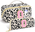 Personalized Travel Makeup Bag Set,Initial Travel Cute Leopard Makeup Organizer Bag,Toiletry Skincare Cosmetic Bag,Christmas Gifts for Women/Girls,Open Flat Toiletry Pouch with Brush Pocket-O