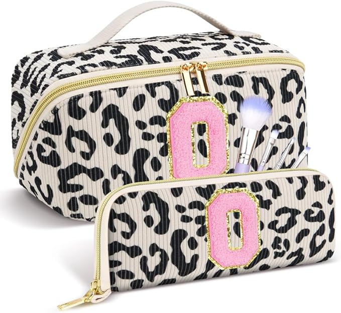 Personalized Travel Makeup Bag Set,Initial Travel Cute Leopard Makeup Organizer Bag,Toiletry Skincare Cosmetic Bag,Christmas Gifts for Women/Girls,Open Flat Toiletry Pouch with Brush Pocket-O