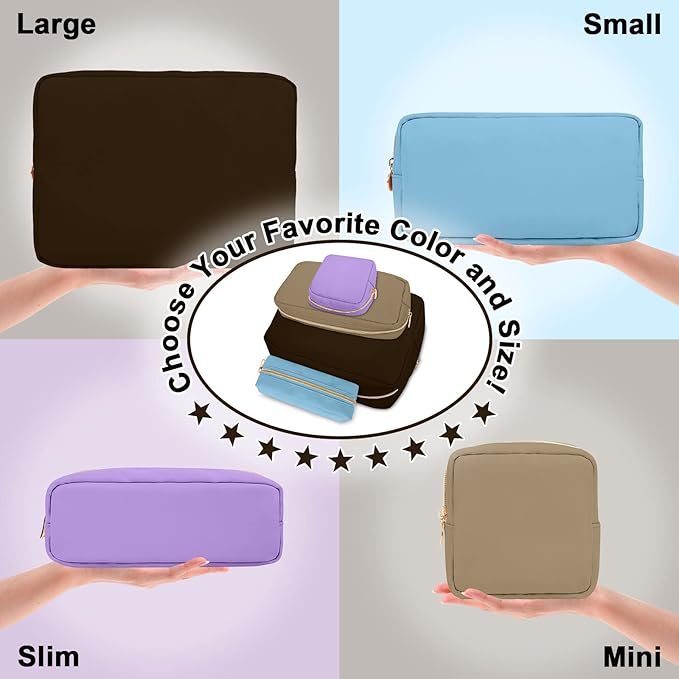 Nylon Large Makeup Bag Travel Pouch for Women, Preppy Big Makeup Bag Cute Cosmetic Zipper Pouch Purse, DIY Chenille Letter Bag Waterproof Toiletry Bag Clutch Make Up Organizer for Women Girls(Brown)