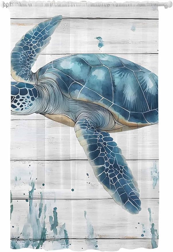 Sheer Curtains 84 Inches Long, Teal Green Ocean Turtle Semi Sheer Curtains by Unknown
