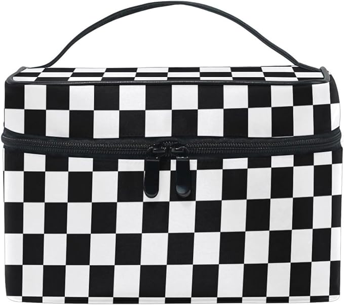 Makeup Train Case White Black Checkered Plaid Carrying Portable Zip Travel Cosmetic Brush Bag Organizer Large for Women