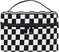 Makeup Train Case White Black Checkered Plaid Carrying Portable Zip Travel Cosmetic Brush Bag Organizer Large for Women