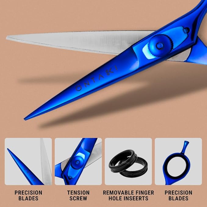 Ontaki Japanese Steel Beard & Hair Scissors - Safe Rounded Tips & Mustache Comb - Ergonomic Grip Beard Scissors for Men - Professional Craftsmanship Barber Shears - Midnight Blue, 5.5"