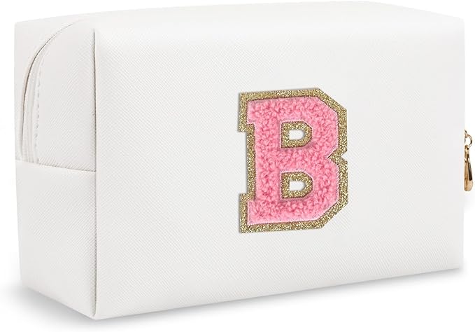 Personalized Initial Travel Preppy Makeup Bag, Small Cute White Cosmetic Pouch Monogram Toiletry Zipper Pouch, Waterproof PU Glitter Make Up Bags Storage Birthday Bridal Shower Women Gift (Letter B)