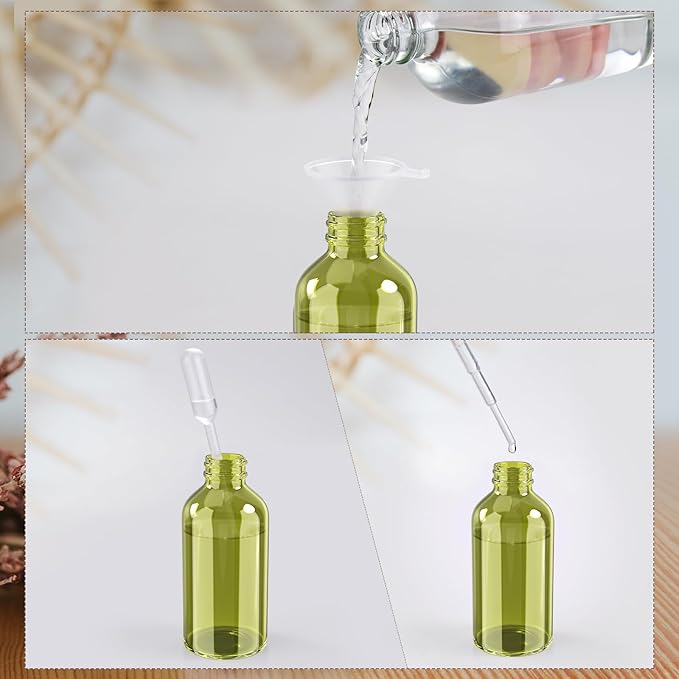Wedama 4 oz Mini Glass Spray Bottles, Empty Small Spray Bottles with Funnel Dropper, Fine Mist for Hair, Travel, Plants, Cleaning Solutions and Skin Care (4 Pack Olive Green)