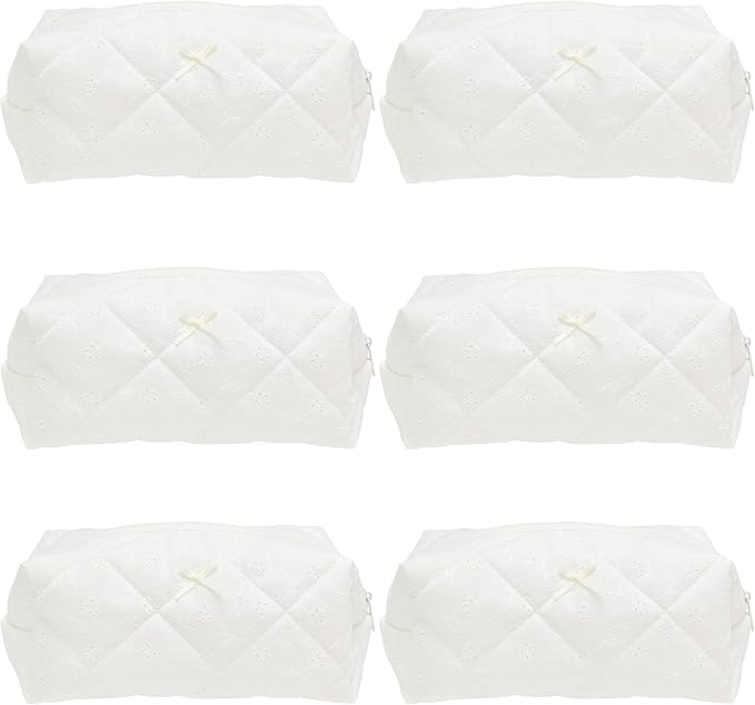 PAZIMIIK 6PCS Cozy Makeup Bag SET Travel Cosmetic Bag for Women Soft Toiletry Bag Aesthetic Makeup Organizer Portable Large Zipper Pouch for Skincare Beauty Accessories Brushes Embroidery White