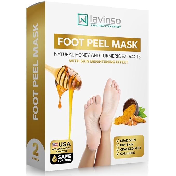 Lavinso Foot Peeling Mask Extra Strength - 2 Pack - Feet Mask for Dry Cracked Feet and Callus - with Honey and Turmeric