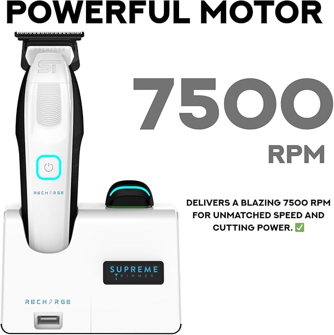 Supreme Trimmer Recharge ST777 – Professional Barber Trimmer with 2 Removable Batteries | 8000 RPM Motor, Zero Gap DLC Blades, Smart Charging Dock, USB-C Fast Charge