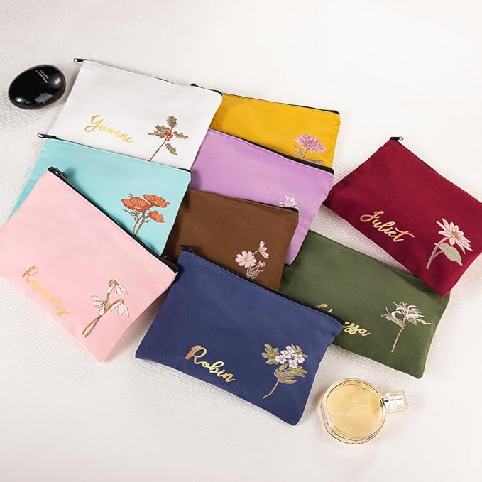 Custom Name Makeup Bag Personalized Name Birth Flower Small Cosmetic Bag Birthday Gifts For Women Mother Bridesmaid Size 7.9×5.5INCH