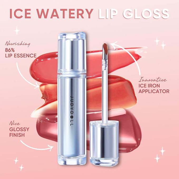 JUDYDOLL Ice Watery Lip Gloss- Long Lasting & Transfer-Proof, Infused with 86% Essence with Ice Iron Applicator, Non-Sticky Glossy Finish for Daily Wear, Mirror Lip Glazes, Moisturizing Plumping Gloss