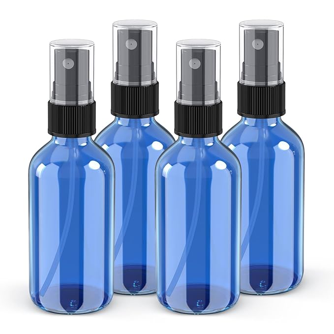 Wedama 2 oz Mini Glass Spray Bottles, Empty Small Spray Bottles with Funnel Dropper, Fine Mist for Hair, Travel, Plants, Cleaning Solutions and Skin Care (4 Pack Sky Blue)
