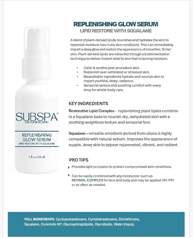 Replenishing Glow Serum with Squalane - Doctor-Developed– Deep Hydration & Skin Barrier Support – Lightweight, Non-Greasy Formula (1 fl oz)