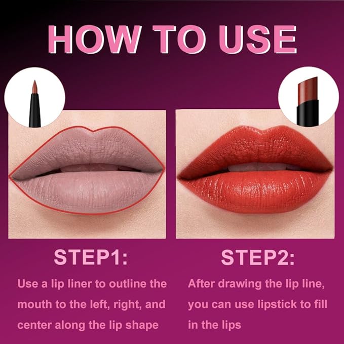 2Pcs 2 in 1 Matte Red Lip Liner and Lipstick Combo Set for Women,Lipstick Stain Lip Liner for Daily & Party Long Lasting Waterproof Smudge Proof 24 Hour Full Coverage Vegan Lip Makeup Kit