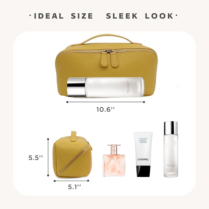 Travel Makeup Bag – Large Cosmetic Organizer with Waterproof PU Leather, Smooth Double Zipper & Tear-Resistant Lining, Toiletry Pouch for Women (Yellow)