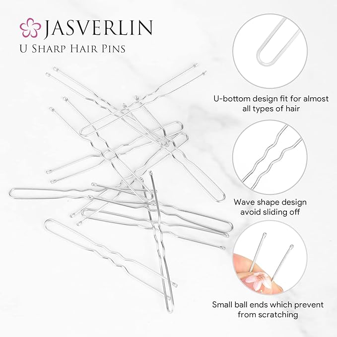 U Shaped Hair Pins Silver, Bun Bobby Hairpin for Women Long Large White Ballet Dance Wedding Box Container 2.4in 100 pcs