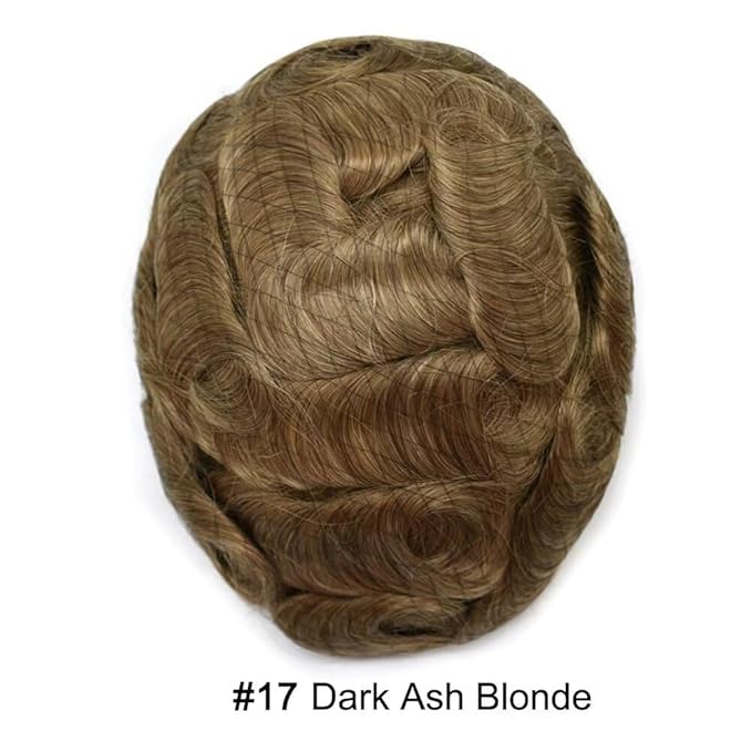 Toupee for Men French Lace Center Human Hair Replacement Systems Transparent Lace Center Hair Piece Mens Toupee Hair Units for Man V-Looped Front Male Hair Prosthesis 6"X8" 17#DARK ASH BLONDE