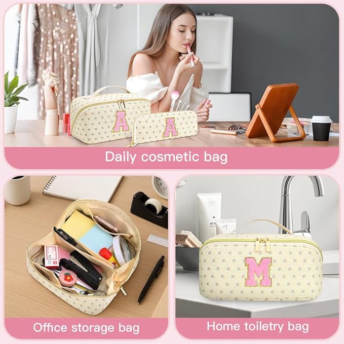 Personalized Travel Makeup Bag Set,Initial Travel Cute Floral Makeup Organizer Bag,Toiletry Skincare Cosmetic Bag,Christmas Gifts for Women/Girls,Open Flat Toiletry Pouch with Brush Pocket-F