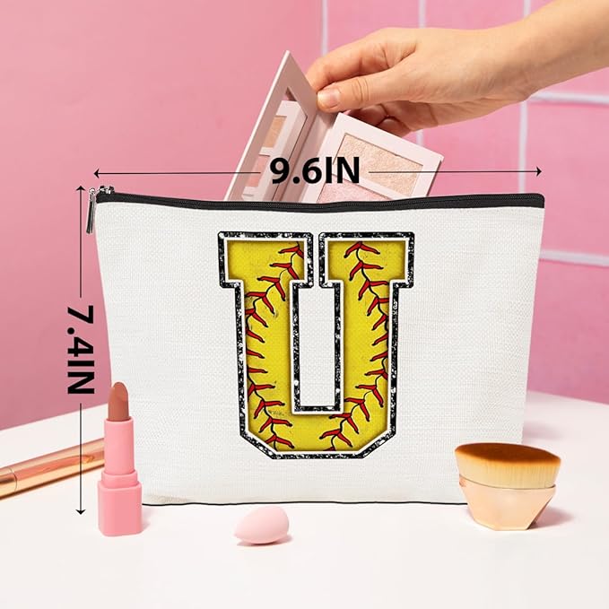 Initial Makeup Bag Monogrammed Cosmetic Bag Yellow Letter U Zipper Pouch Softball Accessories for Girls Women Player Coach Friend Graduation Birthday Gifts