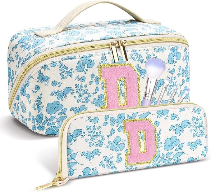 Personalized Travel Makeup Bag Set,Initial Travel Cute Floral Makeup Organizer Bag,Toiletry Skincare Cosmetic Bag,Christmas Gifts for Women/Girls,Open Flat Toiletry Pouch with Brush Pocket-D