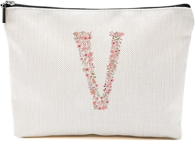 Initial Makeup Bag Floral V Personalized Cosmetic Bag Monogrammed Gifts for Women Girls Bride Bridesmaid Monogram Zipper Pouch for Teacher Appreciation Mothers Day Birthday Wedding Bridal Shower Gifts