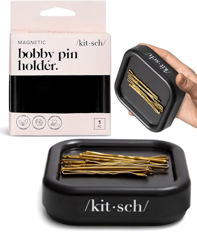 Kitsch Magnetic Bobby Pin Holder - Cute Stuff, Strong Magnetic Pin Holder for Desk & Vanity, Securely Holds Metal Hair Clips, Bobby Pins & Paper Clip | Ideal Gifts for Women - Black, 1 Pc