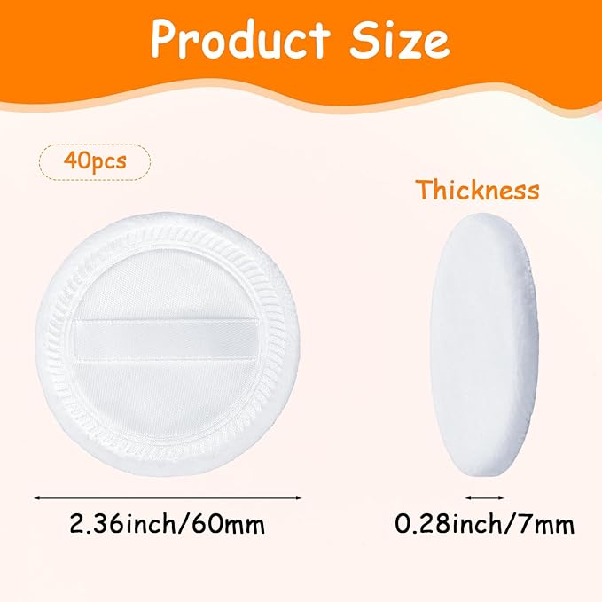 40PCS Cotton Powder Puffs Pure Cotton Soft Washable Loose Powder Puff Makeup Puffs for Powders Foundation with Ribbon 2.36 Inch Round Makeup Dusting Powders Puff for Loose Body Wet Dry