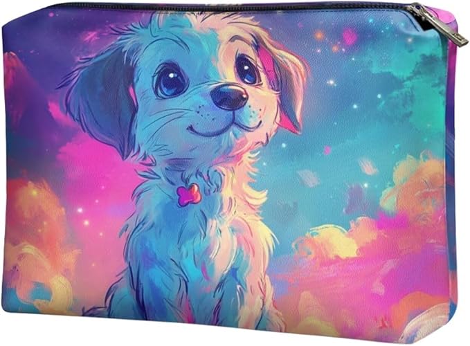COEQINE Leather Cosmetic Bag for Women Travel Makeup Bag Waterproof Cosmetic Purses for Women Wedding Party Purse With Zipper Portable,Cute Dog Starry Sky Neon Pattern