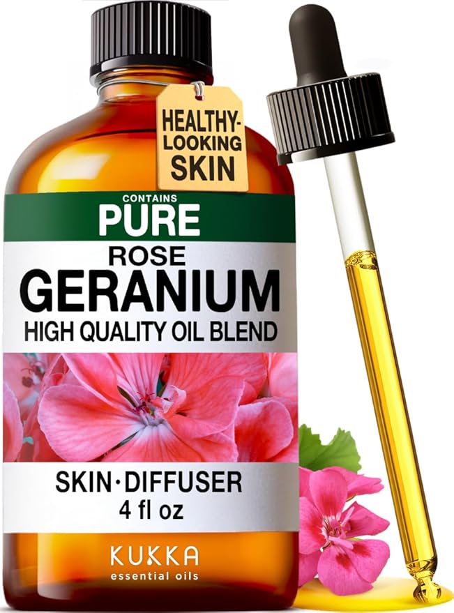 KUKKA Rose Geranium Essential Oils - 4 Fl Oz - for Hair, Skin, Diffuser, Aromatherapy & DIY Soap Making Scent