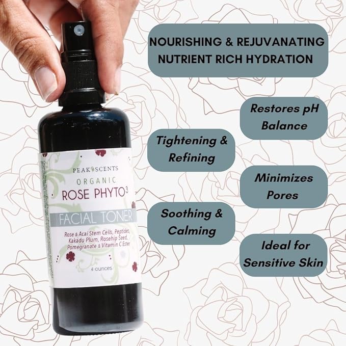 Peak Scents Organic Phyto³ Rose Water Facial Toner Spray - Pure Rosewater for Face, with Acaí and Herbal Extracts - Eco-Friendly and Vegan - Hydrating Rose Water Organic Face Spray (4 oz)