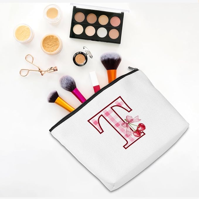 Initial Makeup Bag Monogram Cosmetic Bag Monogrammed Gifts for Women Girls Friends Coworker Auntie Personalized Travel Toiletry Bag Christmas Bridal Shower Wedding Bridesmaid Gifts, Cherry T