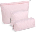 3 Pcs Puffy Makeup Bag Quilted Cosmetic Pouch for Women Cute Water drop Travel Toiletry Bag Puffer Makeup Organizer Purse Pouch Preppy Pencil Case with Zipper(Light Pink)