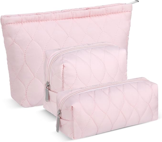 3 Pcs Puffy Makeup Bag Quilted Cosmetic Pouch for Women Cute Water drop Travel Toiletry Bag Puffer Makeup Organizer Purse Pouch Preppy Pencil Case with Zipper(Light Pink)